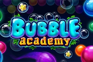 Fargerike såpebobler og stjerner omkring teksten Bubble Academy på en mørk bakgrunn