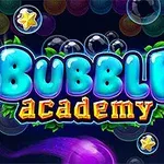 Fargerike såpebobler og stjerner omkring teksten Bubble Academy på en mørk bakgrunn