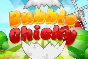 Fargerike bokstaver som skriver Bubble Chicky foran et tegnet landskap med trær, et vindmølle og et halvåpent egg