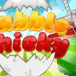 Fargerike bokstaver som skriver Bubble Chicky foran et tegnet landskap med trær, et vindmølle og et halvåpent egg