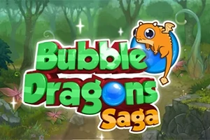 En fargerik illustrasjon med teksten Bubble Dragons Saga og en tegneserieaktig drage som holder en blå boble, satt i en skogfull bakgrunn