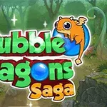 En fargerik illustrasjon med teksten Bubble Dragons Saga og en tegneserieaktig drage som holder en blå boble, satt i en skogfull bakgrunn