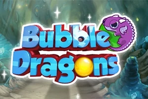 Tegneseriestil tekst Bubble Dragons med en lilla dragefigur og en gul boble på en fantasifull bakgrunn