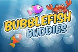 Fargerike boblefigurer med en fisk, en krabbe og teksten Bubblefish Buddies