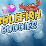 Fargerike boblefigurer med en fisk, en krabbe og teksten Bubblefish Buddies