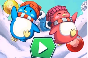 To fargerike pingviner med luer leker på snøen ved siden av en grønn play-knapp