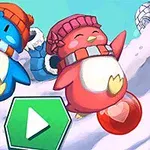 To fargerike pingviner med luer leker på snøen ved siden av en grønn play-knapp