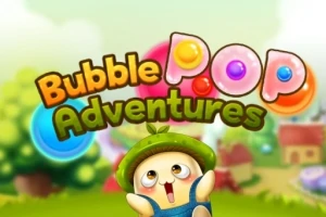 Søt figur med grønn hatt ser opp mot fargerike bobler med teksten Bubble Pop Adventures i en landskap bakgrunn