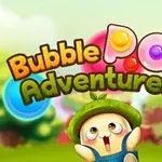 Søt figur med grønn hatt ser opp mot fargerike bobler med teksten Bubble Pop Adventures i en landskap bakgrunn