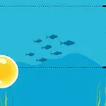 To fargede bobler, en rød og en gul, svever foran en blå bakgrunn med fisk og havgress