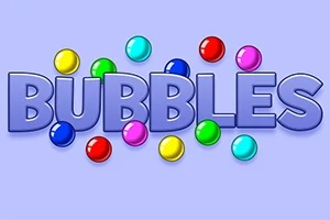 Teksten BUBBLES i store bokstaver omgitt av fargerike kuler på en lys lilla bakgrunn