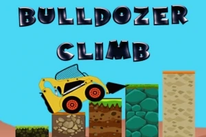 En gul bulldoser klatrer over blokker i forskjellige farger og mønstre, med teksten BULLDOZER CLIMB øverst