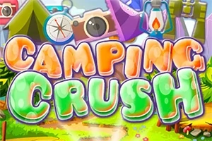 Fargerik illustrasjon av campingtema med telt, kamera, fyrtårn og teksten Camping Crush i midten