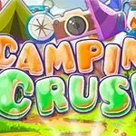 Fargerik illustrasjon av campingtema med telt, kamera, fyrtårn og teksten Camping Crush i midten