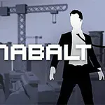 Silhuett av en person i dress foran en bysilhuett med en byggekran i bakgrunnen og teksten CANABALT i pikselert skrift