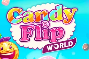Fargerik tekst Candy Flip World på en lyseblå bakgrunn med glade, tegneserieaktige godterifigurer
