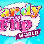 Fargerik tekst Candy Flip World på en lyseblå bakgrunn med glade, tegneserieaktige godterifigurer