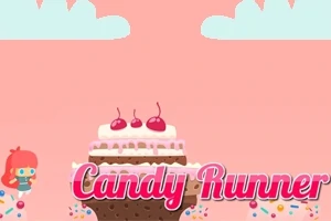 Illustrasjon av et søtt, fargerikt landskap med en stor kake med kirsebær på toppen, en tegneseriefigur med rødt hår, og teksten Candy Runner i rosa skrift