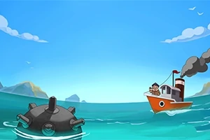 Et tegnet bilde av en rød båt med skorstein som seiler mot en stor, mørk sjømine i havet under en klar, blå himmel