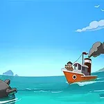 Et tegnet bilde av en rød båt med skorstein som seiler mot en stor, mørk sjømine i havet under en klar, blå himmel