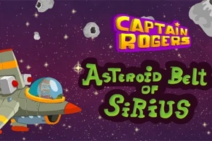 En romskip med en astronaut om bord flyr gjennom et felt av asteroider mot en stjernehimmel, med teksten Captain Rogers Asteroid Belt of Sirius over