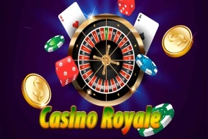 Et roulettehjul omgitt av spillbrikker, kort, terninger og gullmynter med teksten Casino Royale