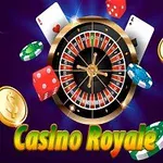 Et roulettehjul omgitt av spillbrikker, kort, terninger og gullmynter med teksten Casino Royale