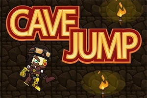 En tegneseriefigur med fallskjermutstyr i en hule omgitt av fakler og teksten Cave Jump
