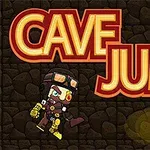 En tegneseriefigur med fallskjermutstyr i en hule omgitt av fakler og teksten Cave Jump