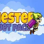 Tekst i store gule og lilla bokstaver med en tegnet figur med grønt hår og en jetpack mot en blå himmel med skyer