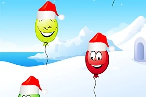 Fargerike ballonger med nisseluer svever over et vinterlandskap med snødekte bakker og blå himmel