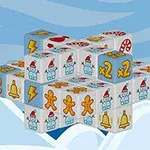 Snølandskap med stablede terninger dekorert med symboler som lyn, snømenn, pepperkakemenn, bjeller og x2