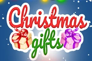Teksten Christmas gifts i rødt og grønt med to gaveesker, en med rød sløyfe og en med lilla sløyfe, på blå bakgrunn med snøfnugg