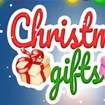 Teksten Christmas gifts i rødt og grønt med to gaveesker, en med rød sløyfe og en med lilla sløyfe, på blå bakgrunn med snøfnugg