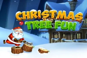 Julenissen hugger vedstubber foran en tømmerhytte i snødekt landskap med teksten Christmas Tree Fun i fargerike bokstaver