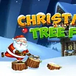 Julenissen hugger vedstubber foran en tømmerhytte i snødekt landskap med teksten Christmas Tree Fun i fargerike bokstaver