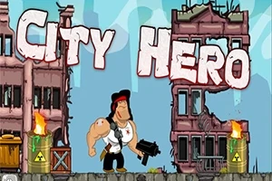 En muskuløs figur med bandana og våpen står mellom to utbombede bygninger med teksten City Hero ovenfor og flammende tønner med varselskilt