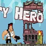En muskuløs figur med bandana og våpen står mellom to utbombede bygninger med teksten City Hero ovenfor og flammende tønner med varselskilt