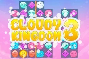 Fargerike, animerte figurer og teksten Cloudy Kingdom 3 vises mot en blå og rosa bakgrunn