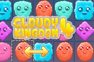 Fargerike, smilende skyer med store øyne i ulike farger, med teksten Cloudy Kingdom 4 og en gul pil som peker horisontalt nederst