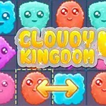 Fargerike, smilende skyer med store øyne i ulike farger, med teksten Cloudy Kingdom 4 og en gul pil som peker horisontalt nederst