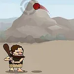 En tegneseriefigur med skjegg og en klubbe står foran et fjell og slår til en rød ball
