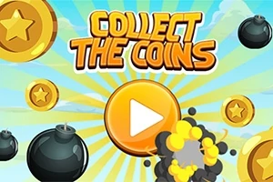 Gule mynter, bomber og en stor play-knapp i sentrum med teksten Collect the Coins mot en tegneserieaktig bakgrunn