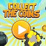 Gule mynter, bomber og en stor play-knapp i sentrum med teksten Collect the Coins mot en tegneserieaktig bakgrunn