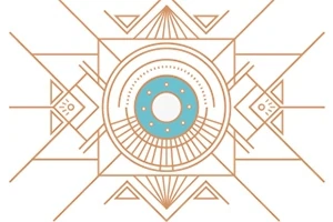 Geometrisk design med et sentralt blått sirkulært motiv omgitt av komplekse linjer og mønstre