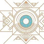 Geometrisk design med et sentralt blått sirkulært motiv omgitt av komplekse linjer og mønstre