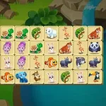 Et brett med forskjellige dyreikoner som inkluderer tigre, elefanter, pandaer, fisk og flamingoer, satt mot en fargerik bakgrunn med naturmotiv