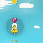 En gul fugl med store øyne og et rødt smykke over seg, omgitt av en blå himmel med skyer og flytende mynter