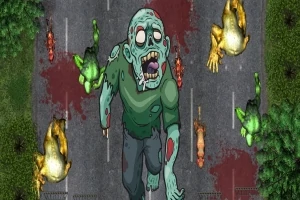 En tegneserieaktig zombie med grønn hud går midt på en blodstenket vei omgitt av trær og knuste, brennende biler
