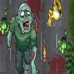 En tegneserieaktig zombie med grønn hud går midt på en blodstenket vei omgitt av trær og knuste, brennende biler
